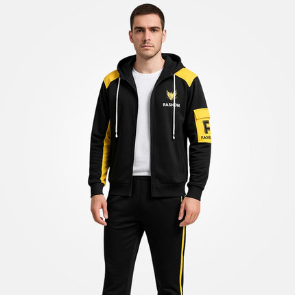 Conjunto deportivo negro con amarillo para hombre, diseño urbano, buzo con capucha, pantalón cómodo, ideal entrenamiento o uso diario.