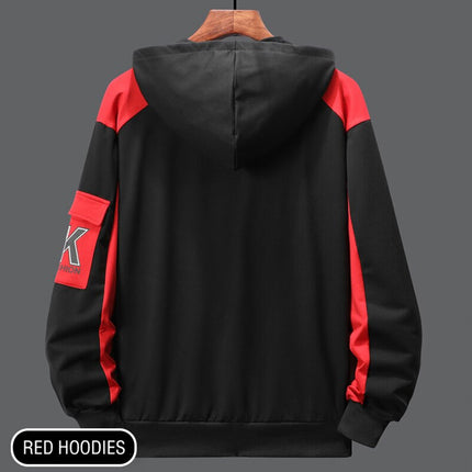 Buzo con capucha negro y rojo para hombre, estilo urbano, detalles en mangas y espalda, material resistente.