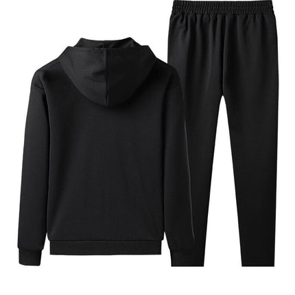 Conjunto Hoded hombre negro, buzo con capucha y jogger casual, tela suave, diseño minimalista, ideal otoño.
