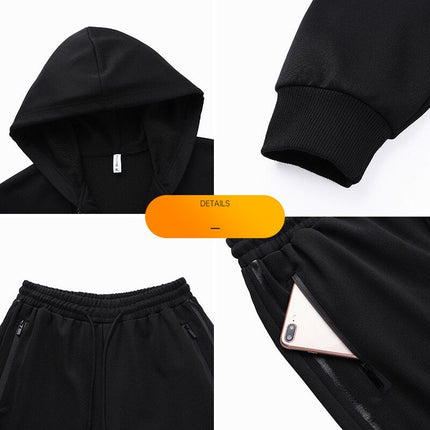 Detalles del conjunto Hoded negro para hombre, buzo con capucha y jogger casual, con bolsillo para móvil, tela suave.