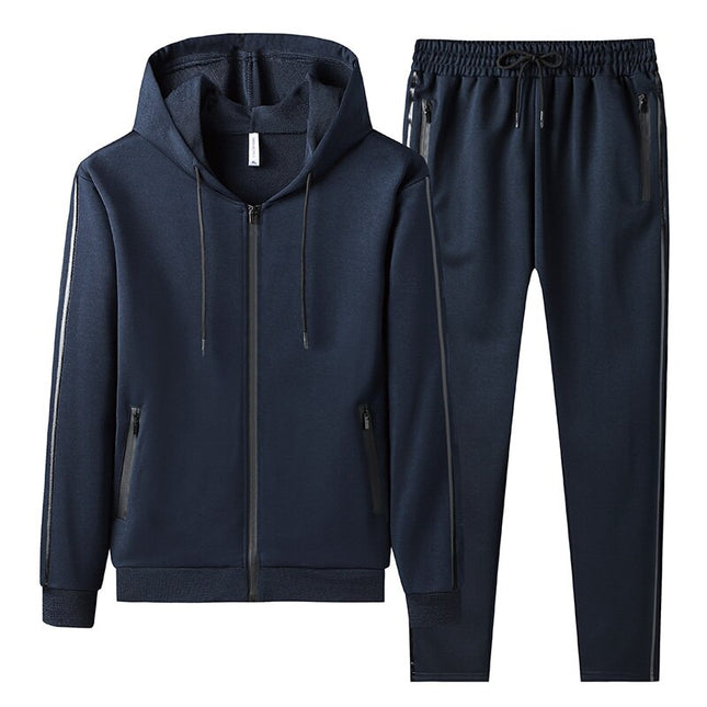 Conjunto Hoded hombre azul oscuro: buzo con capucha y pantalón jogger casual, estilo minimalista, tela suave.