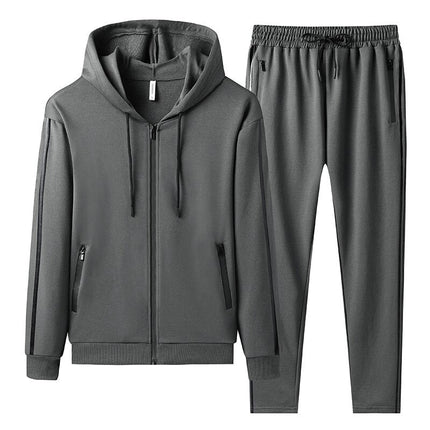 Conjunto hombre gris, buzo con capucha y pantalón jogger, estilo casual para otoño, tela suave y cómoda.