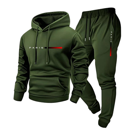 Conjunto Paris para hombre, buzo con capucha y jogger verde oliva, tela gruesa, interior afelpado, estilo casual.