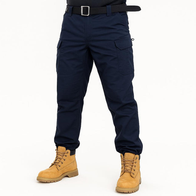 Pantalones cargo tácticos azul marino para hombre, con múltiples bolsillos, material resistente y cómodo.