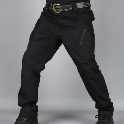 Pantalones cargo tácticos negros para hombre, resistentes y cómodos, con varios bolsillos funcionales.