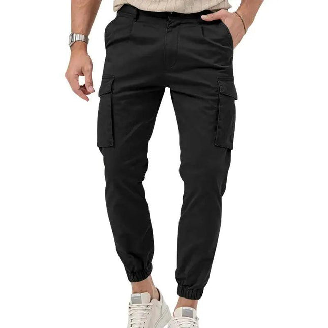 Pantalones deportivos versátiles de algodón negro para hombre, diseño moderno con bolsillos y cintura elástica, casual y cómodo.