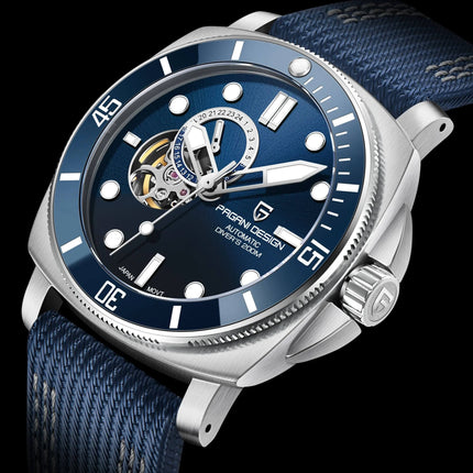 Reloj automático Pagani Rare para hombres, acero inoxidable, esfera azul, correa textil azul, edición limitada.
