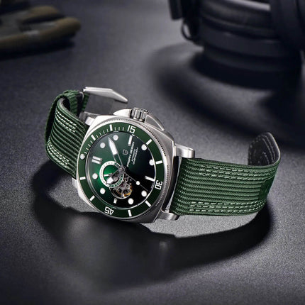 Reloj automático Pagani Rare para hombres, esfera y correa verde, diseño elegante, certificado de autenticidad, serie limitada.