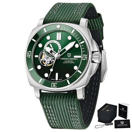 Reloj automático de hombre Pagani Rare verde, con caja de acero inoxidable, diseño elegante y certificado de autenticidad.