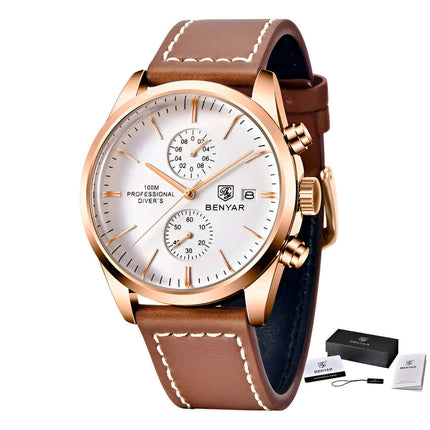 Reloj Benyar Elegance de hombre, estilo clásico, correa de cuero marrón, carcasa dorada, esfera blanca.