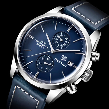 Reloj Benyar Elegance con correa de cuero azul y esfera inspirada en la aviación clásica, para hombre sofisticado.