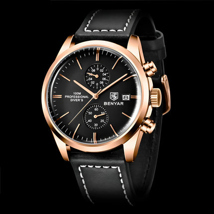 Reloj Benyar Elegance para hombre, acero dorado, esfera negra, estilo aviación clásica, correa cuero negra.