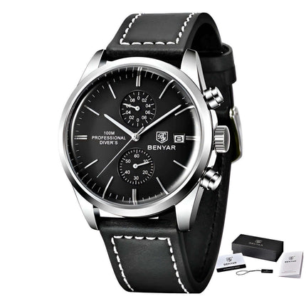 Reloj Benyar Elegance para hombre, diseño clásico, esfera negra, correa de cuero negro, inspiración en aviación.
