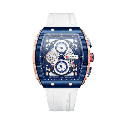 Reloj Curren 992 de lujo con correa blanca, estilo profesional, esfera azul y detalles dorados, serie limitada para hombres.
