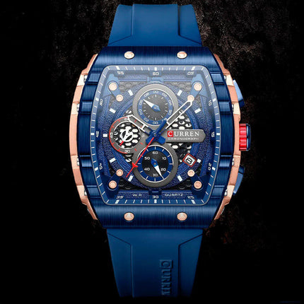 Reloj Curren 992 azul y dorado. Diseño elegante para profesionales. Correa de silicona ediciones limitadas.