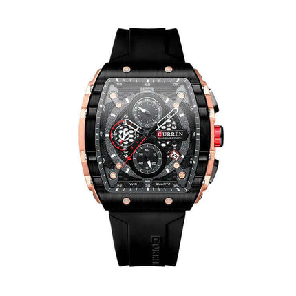 Reloj Curren 992 de lujo, estilo profesional, caja negra y detalles dorados, malla de silicona, para hombres elegantes.