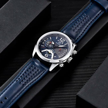 Reloj deportivo Benyar Rare con correa de cuero azul, diseño casual para hombre, estilo contemporáneo y elegante.
