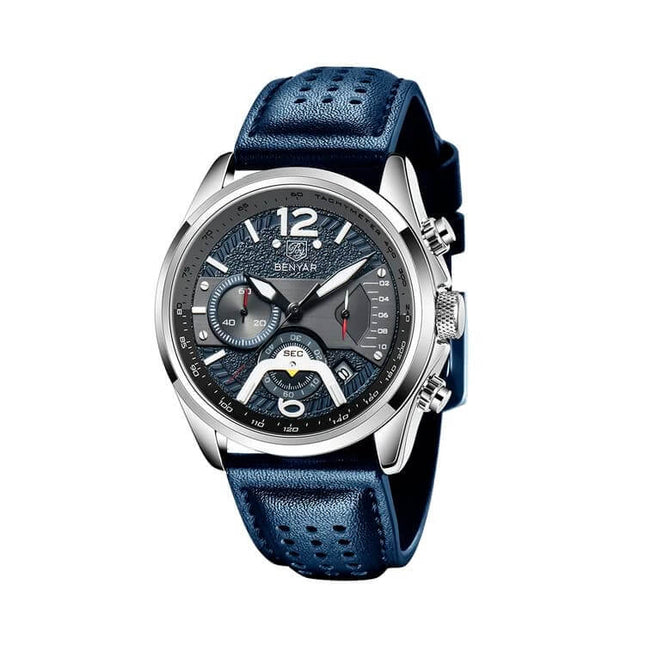 Reloj Deportivo Benyar Rare con correa de cuero azul, estilo casual para hombre, diseño moderno con detalles clásicos.