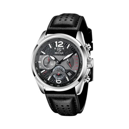 Reloj deportivo Benyar Rare para hombres, estilo casual, correa de cuero negra, diseño contemporáneo.