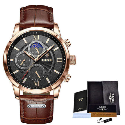 Reloj Lige con correa de cuero marrón, diseño elegante para ocasiones formales y casuales, ideal para hombres.