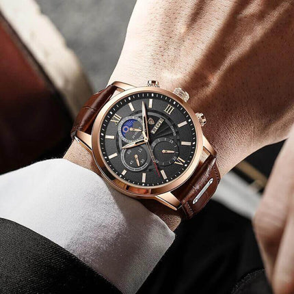 Reloj Lige para hombre con correa de cuero marrón, diseño elegante, perfecto para ocasiones formales y casuales.