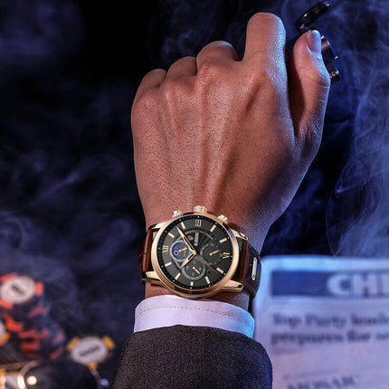 Reloj Lige con correa de cuero marrón para hombre, diseño elegante y versátil, ideal para ocasiones formales y casuales.