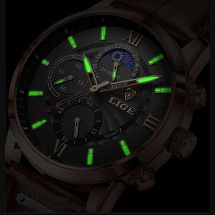 Reloj Lige analógico con correa de cuero marrón, diseño elegante para ocasiones formales y casuales, ideal para hombres.
