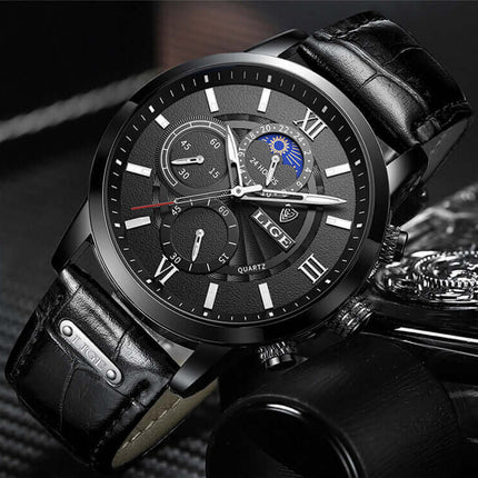 Reloj Lige de acero con correa de cuero negro, diseño elegante, ideal para hombre, estilo formal y casual.