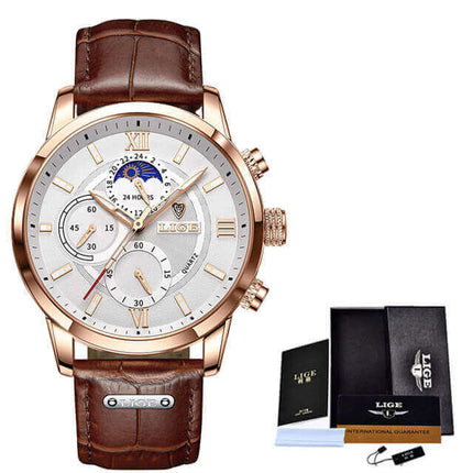 Reloj Lige dorado con correa de cuero marrón, esfera plateada, ideal para hombres que buscan estilo formal y casual.