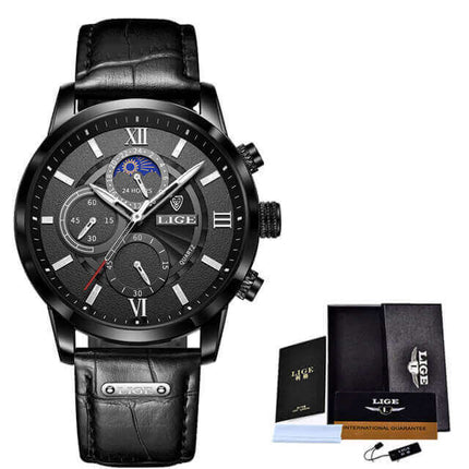Reloj Lige con correa de cuero negro, diseño versátil para looks formales y casuales, ideal para hombres elegantes.