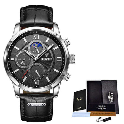 Reloj Lige con correa de cuero negro, ideal para hombres que buscan estilo y versatilidad tanto formal como casual.