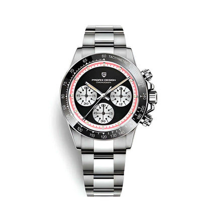 Reloj Pagani Legacy de acero inoxidable, esfera negra con detalles en rojo, cronógrafo para hombres, serie limitada de lujo.