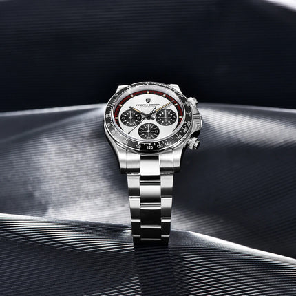 Reloj Pagani Legacy de acero inoxidable, esfera blanca y negra, diseño robusto para hombres, producción limitada.