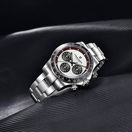 Reloj Pagani Legacy de acero inoxidable, esfera blanca y negra, cronógrafo para hombres, serie limitada.
