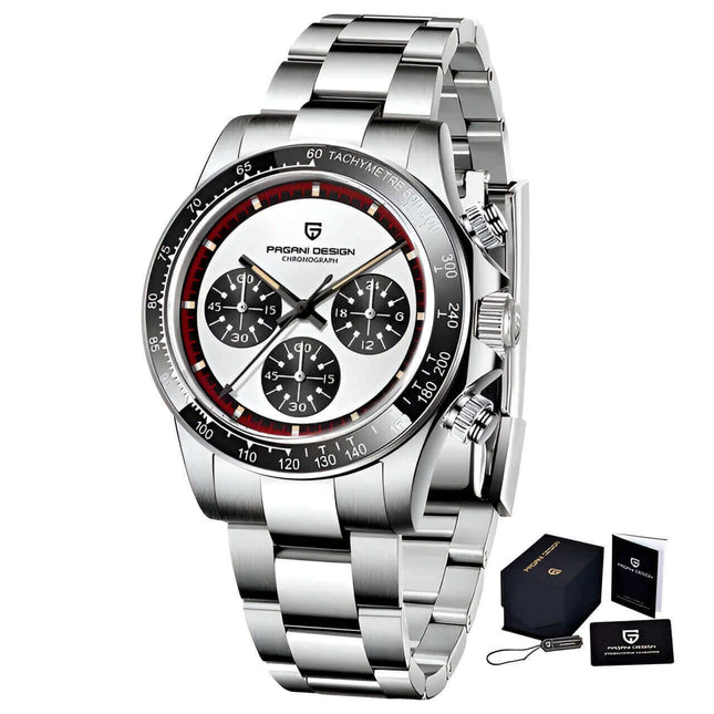 Reloj Pagani Legacy de acero inoxidable plateado con cronógrafo, ideal para hombres. Edición limitada numerada.