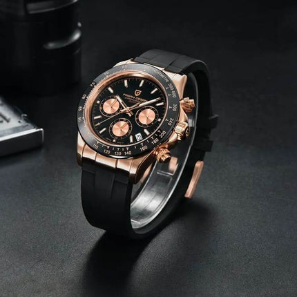 Reloj Pagani William estilo ejecutivo, con brazalete negro y detalles en oro rosa, para un público elegante y contemporáneo.