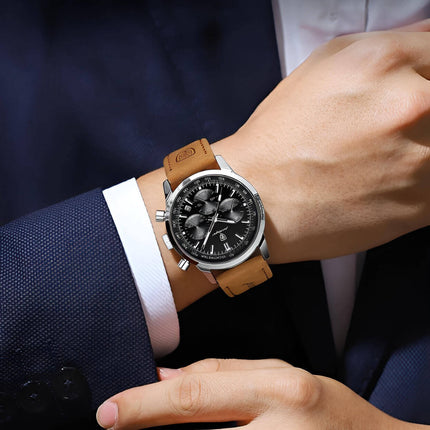 Reloj Poedagar 911 para hombre, diseño suizo, con correa de cuero marrón, ideal para eventos elegantes e informales.
