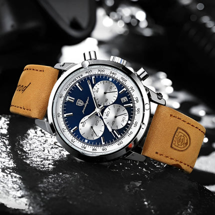Reloj Poedagar 911 con correa de cuero marrón, diseño suizo y esfera azul para hombres elegantes.