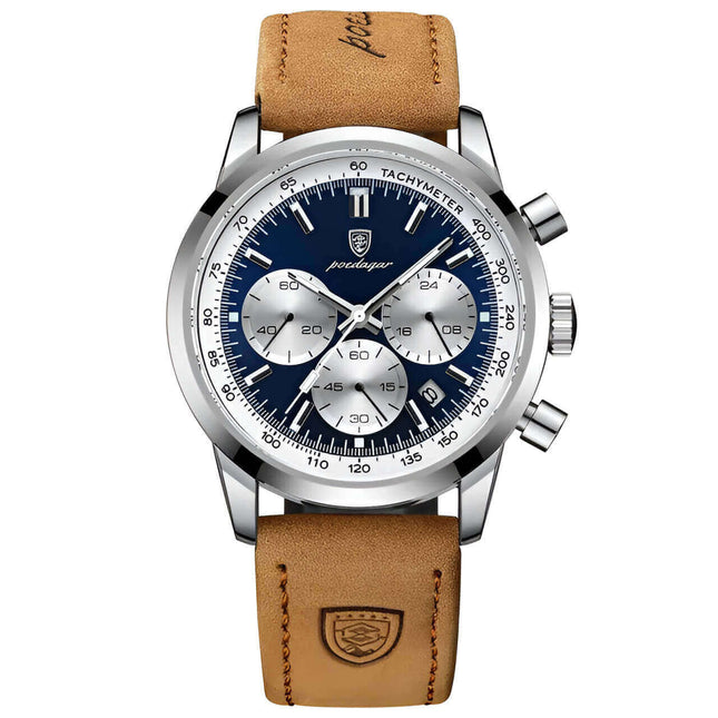 Reloj Poedagar 911 para hombre, diseño suizo, correa de cuero marrón, esfera azul, lujo y elegancia.