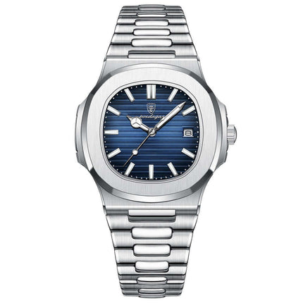Reloj Poedagar Nautilus 40 mm, acero inoxidable, esfera azul, diseño italiano, ideal para hombres elegantes.