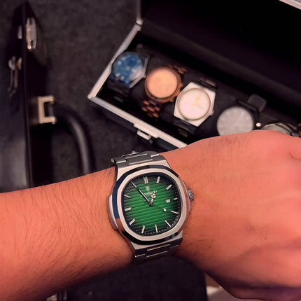 Reloj Poedagar Nautilus 40 mm, acero inoxidable, esfera verde, diseño italiano, para hombres, caja premium, estilo elegante.