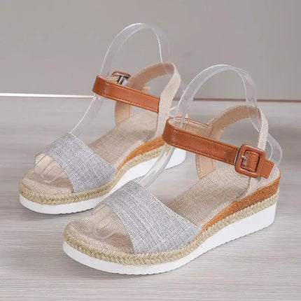 Sandalia de cuña para mujer, beige y marrón con tejido suave, ideal para verano, diseño elegante y cómodo.