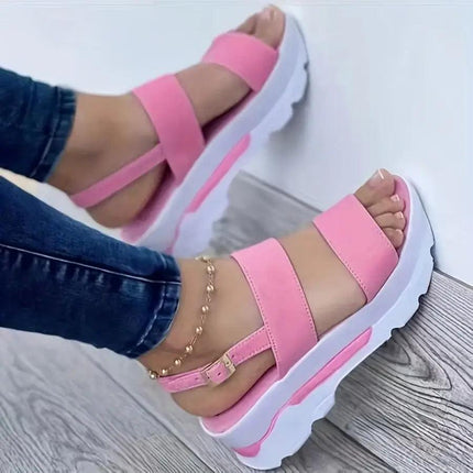 Sandalia Hebilla Zen rosa con cuña ligera y hebilla ajustable, para mujer, estilo casual y cómodo.