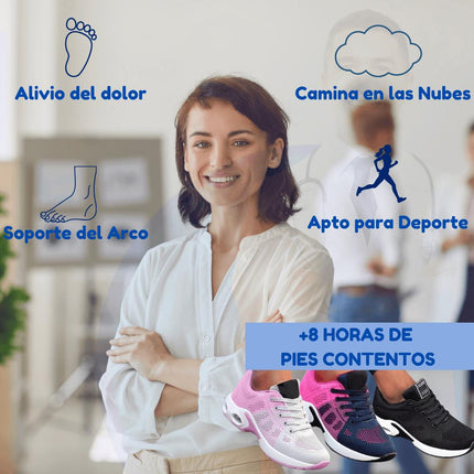 Mujer sonriente con iconos de beneficios de zapatillas deportivas confort, con modelos en rosa y negro en Argentina.