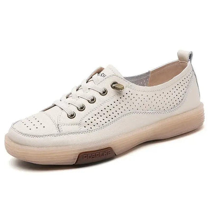 Zapatillas mujer de cuero genuino beige TerraSoft, diseño perforado para verano, calzado cómodo y flexible.
