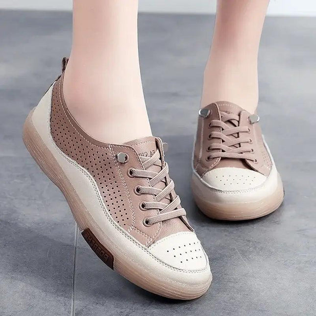 Zapatillas Mujer TerraSoft cuero genuino beige, diseño slip-on, ideal para verano, transpirables y cómodas.
