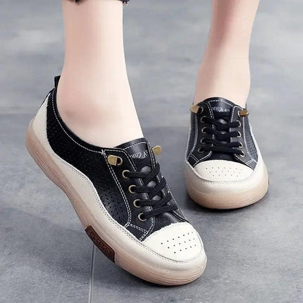 Zapatillas Terra Soft mujer, cuero genuino negro y blanco, diseño slip-on, ventilación perforada, verano