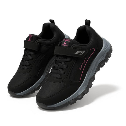 Zapatillas deportivas antideslizantes negras para mujer con diseño de punta anticolisión, material de malla elegante.