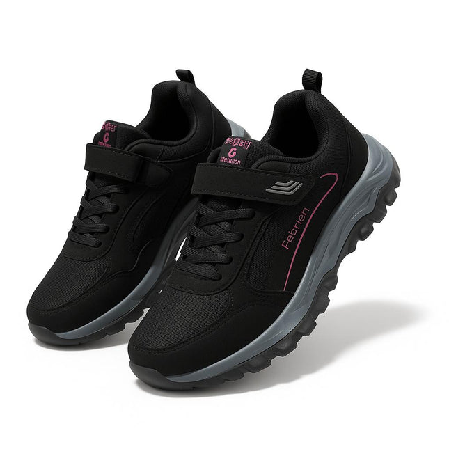 Zapatillas deportivas antideslizantes negras para mujer con diseño de punta anticolisión, material de malla elegante.