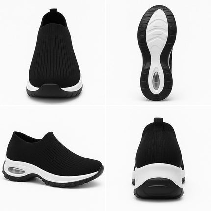 Zapatillas Hina Mujer negras con suela ergonómica anti-impacto, diseño slip-on para confort diario, ideales para actividades.